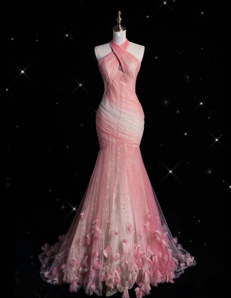 Pink Halter Tulle Lace Appliques Prom Dress Long Mermaid Evening Dress - View 2 | VelvetHem