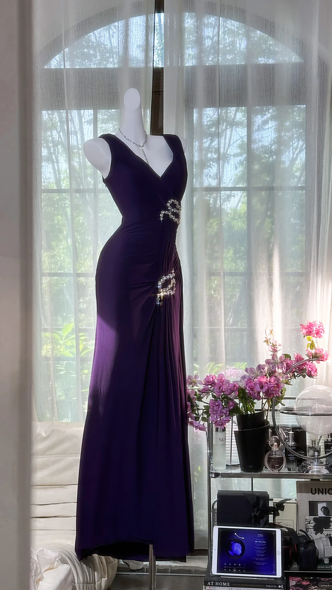 Pretty V Neck Purple Chiffon Beaded Mermaid Party Dress Formal Birthday Prom Dress - View 3 | VelvetHem