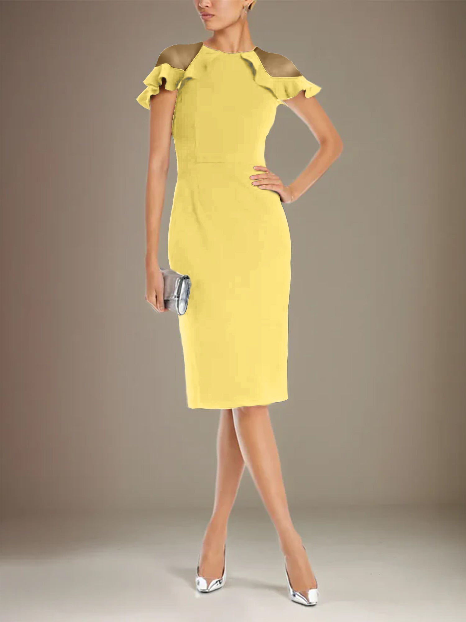 Sheath/Column Stretch Crepe Scoop Short Sleeves Knee Length Dress