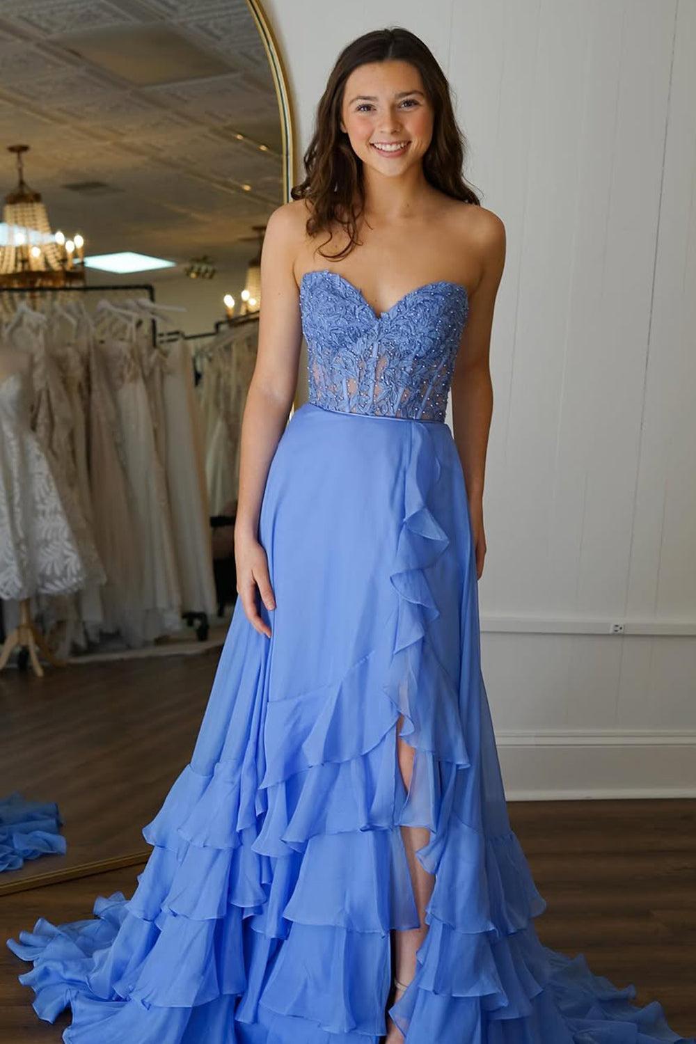 Suzhoufashion Yellow A-Line Sweetheart Lace Top Long Chiffon Prom Dress With Ruffle Skirt Formal Evening Gown