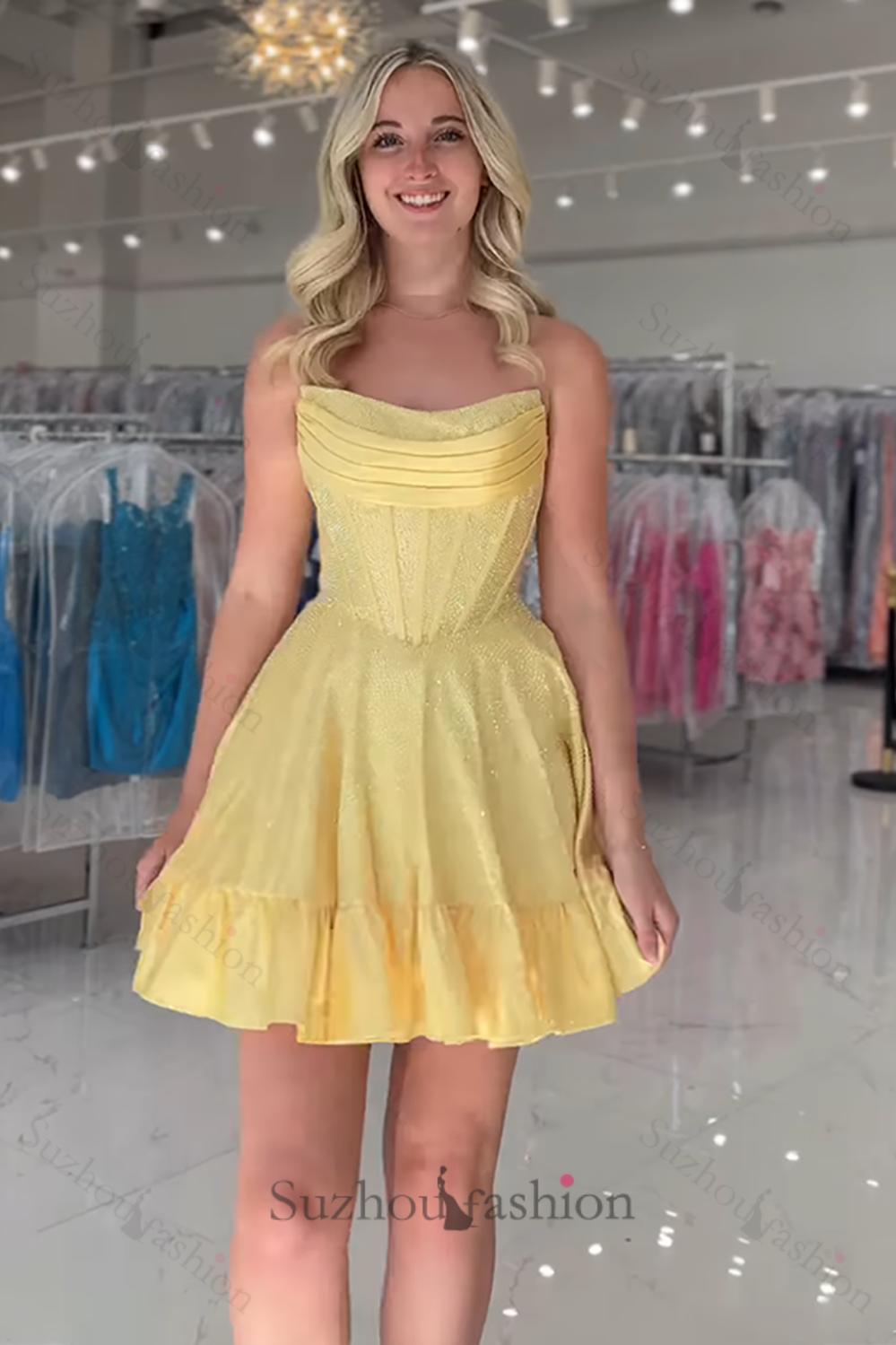 Yellow Beaded Homecoming Dresses Strapless Short Corset Cocktail Dresses