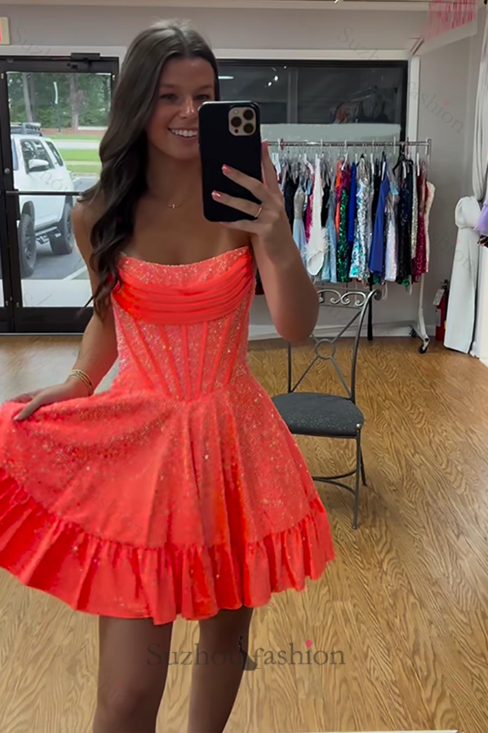 Yellow Beaded Homecoming Dresses Strapless Short Corset Cocktail Dresses