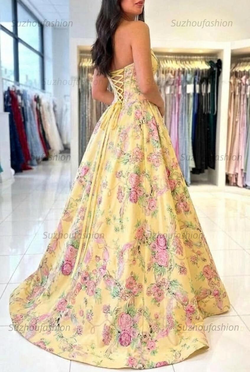 Yellow Floral Printed Prom Dress Corset Strapless A Line Sleeveless Formal Evening Dress with Slit