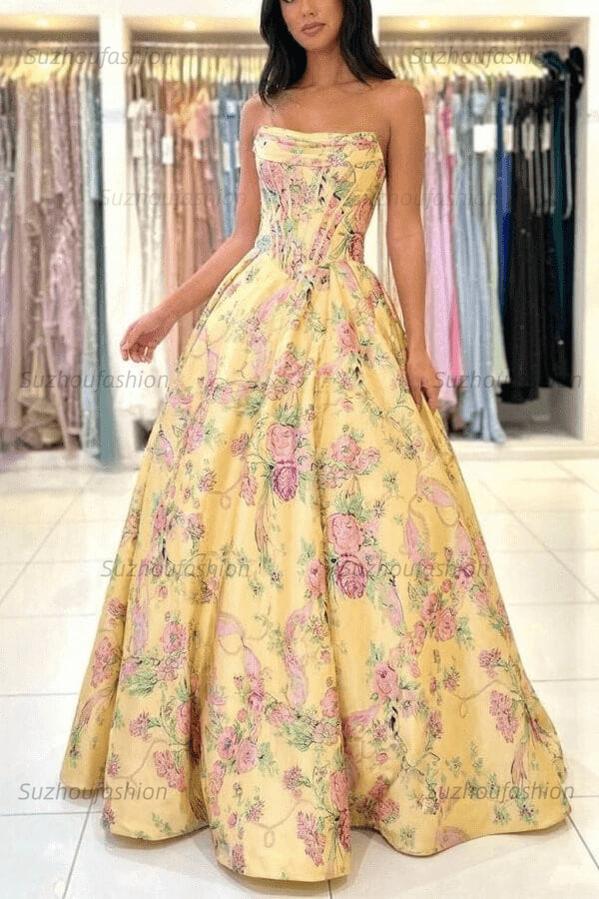 Yellow Floral Printed Prom Dress Corset Strapless A Line Sleeveless Formal Evening Dress with Slit