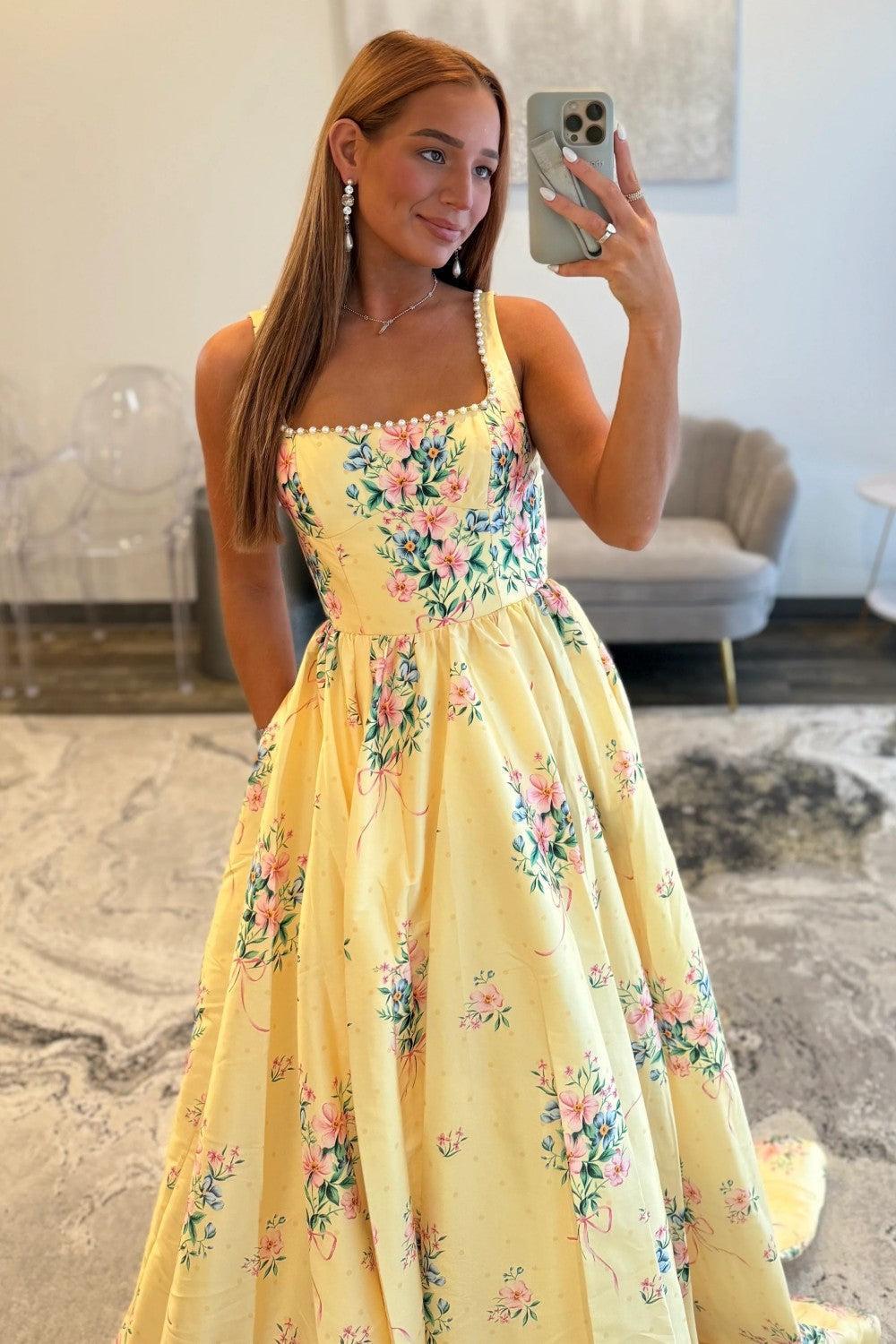 Yellow Floral Square Pearls Trim Neck Prom Dress With Open Back Formal Evening Gown