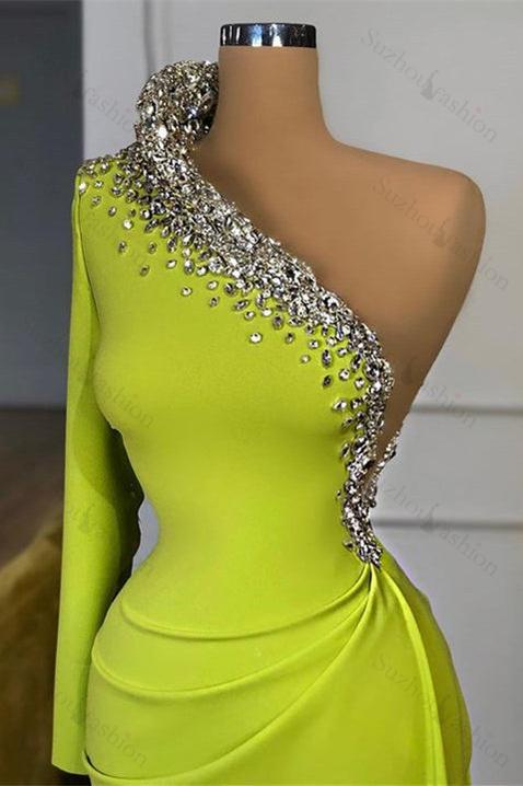 Yellow Green Long Sleeves One Shoulder Evening Prom Dresses Mermaid With Beads