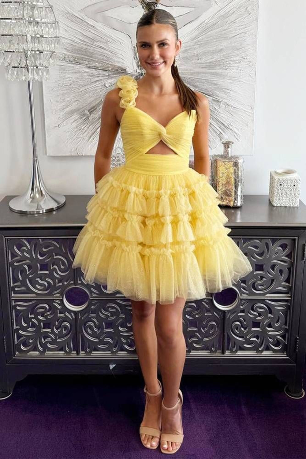 Yellow Homecoming Dresses One Shoulder Ruffled A-Line Short Cocktail Dresses