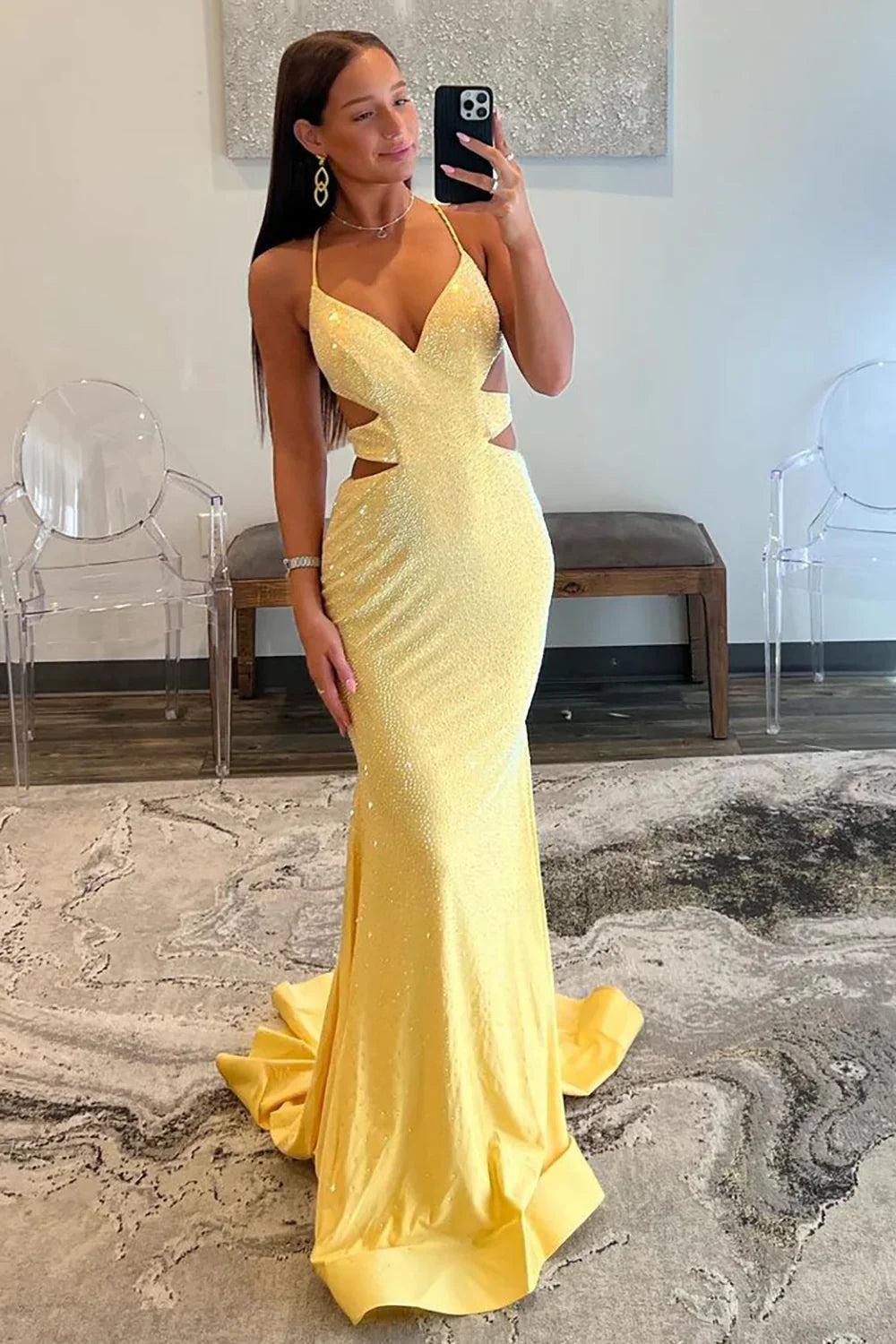 Suzhoufashion Yellow Mermaid Prom Dress With Cutout Waist Lace Up Corset And Beaded Details Formal Evening Gown