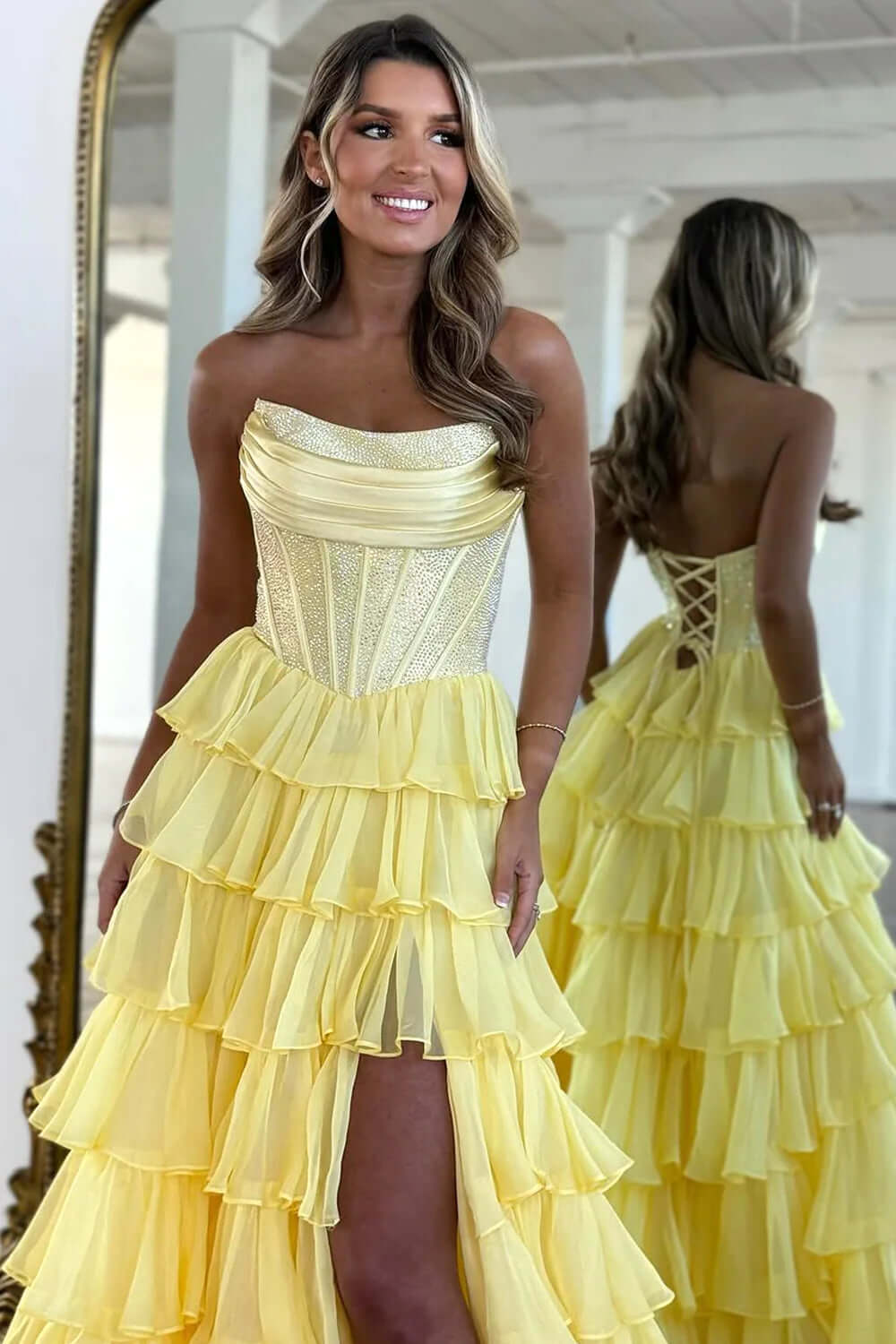 Navy Prom Dress A Line Strapless Corset Long Chiffon Formal Dress