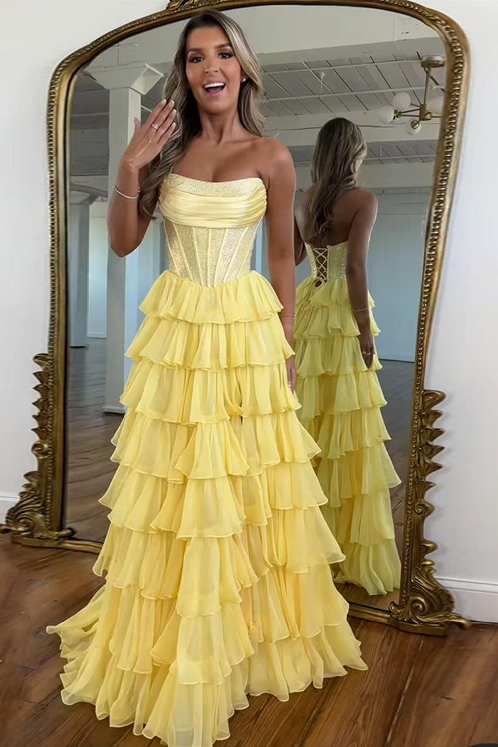 Yellow Prom Dress A Line Strapless Corset Long Chiffon Formal Dress With Slit