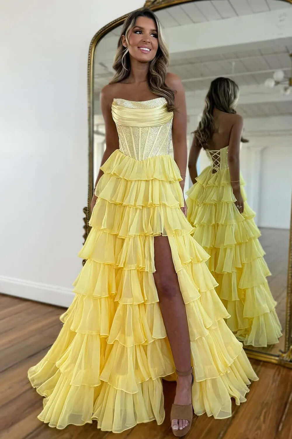 Navy Prom Dress A Line Strapless Corset Long Chiffon Formal Dress