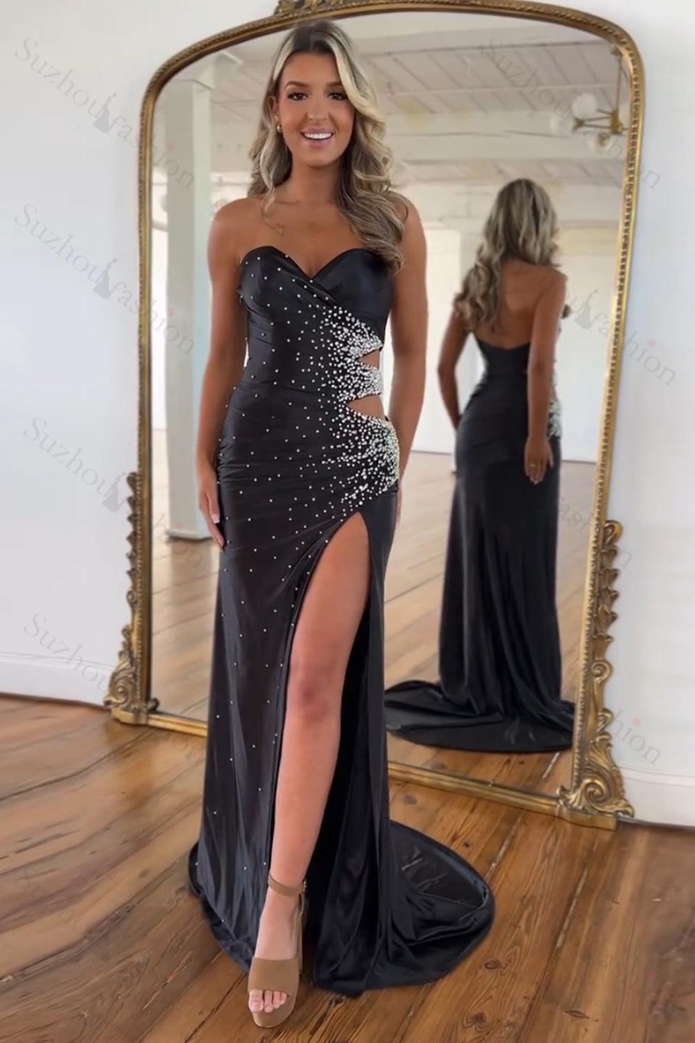Yellow Prom Dress Beaded Mermaid Sweetheart Long Formal Dress With Slit