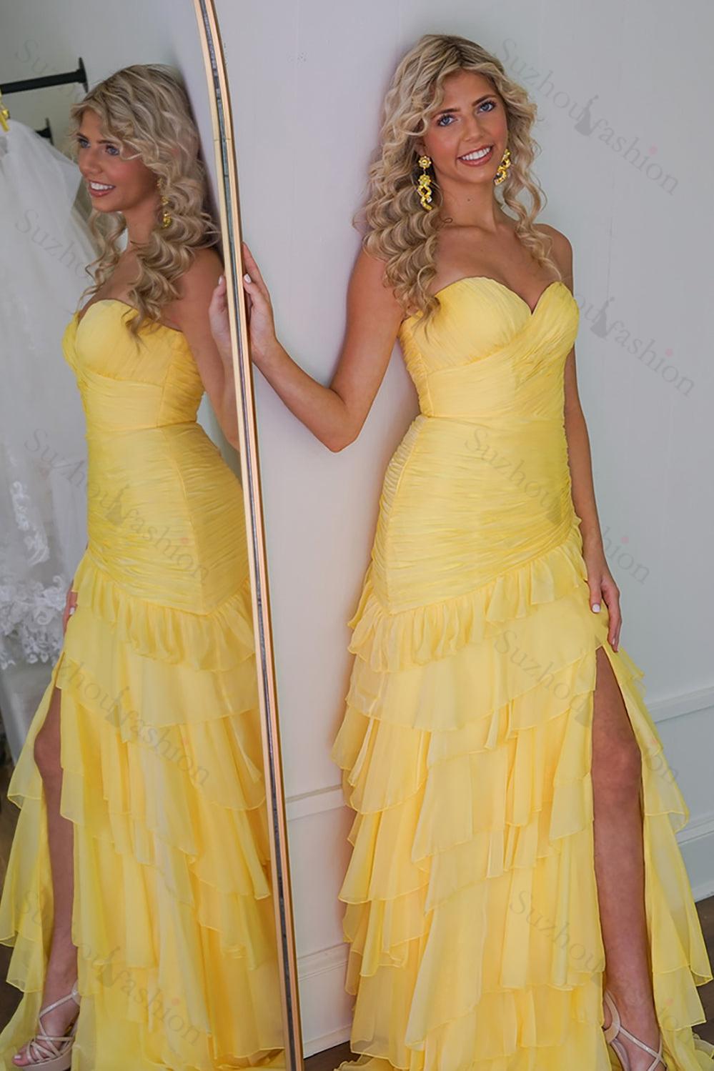 Yellow Prom Dress Chiffon Sweetheart Ruffled Long Formal Dress With Slit