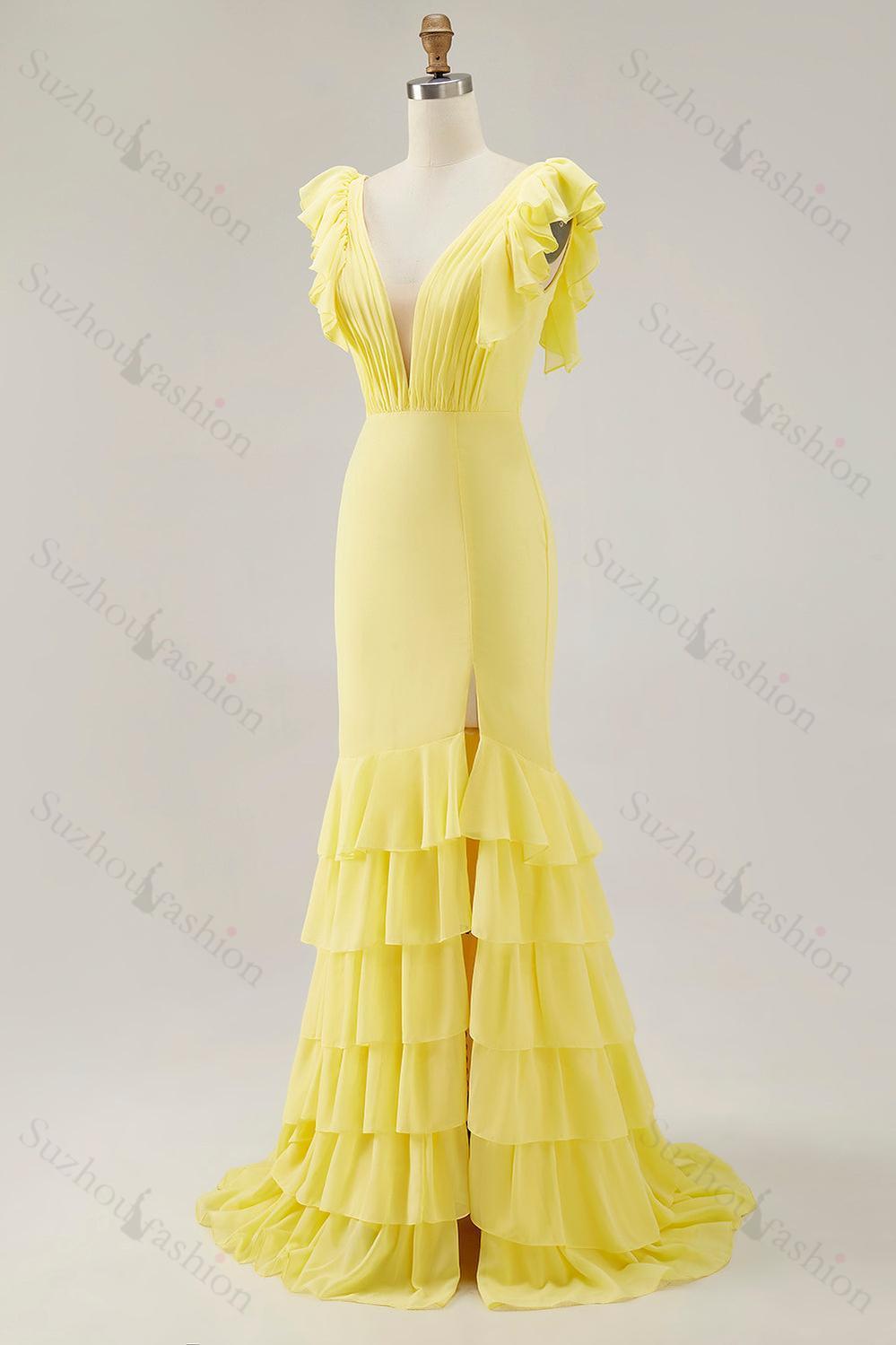 Yellow Prom Dress Chiffon V-Neck Long Mermaid Ruffles Formal Dress With Slit