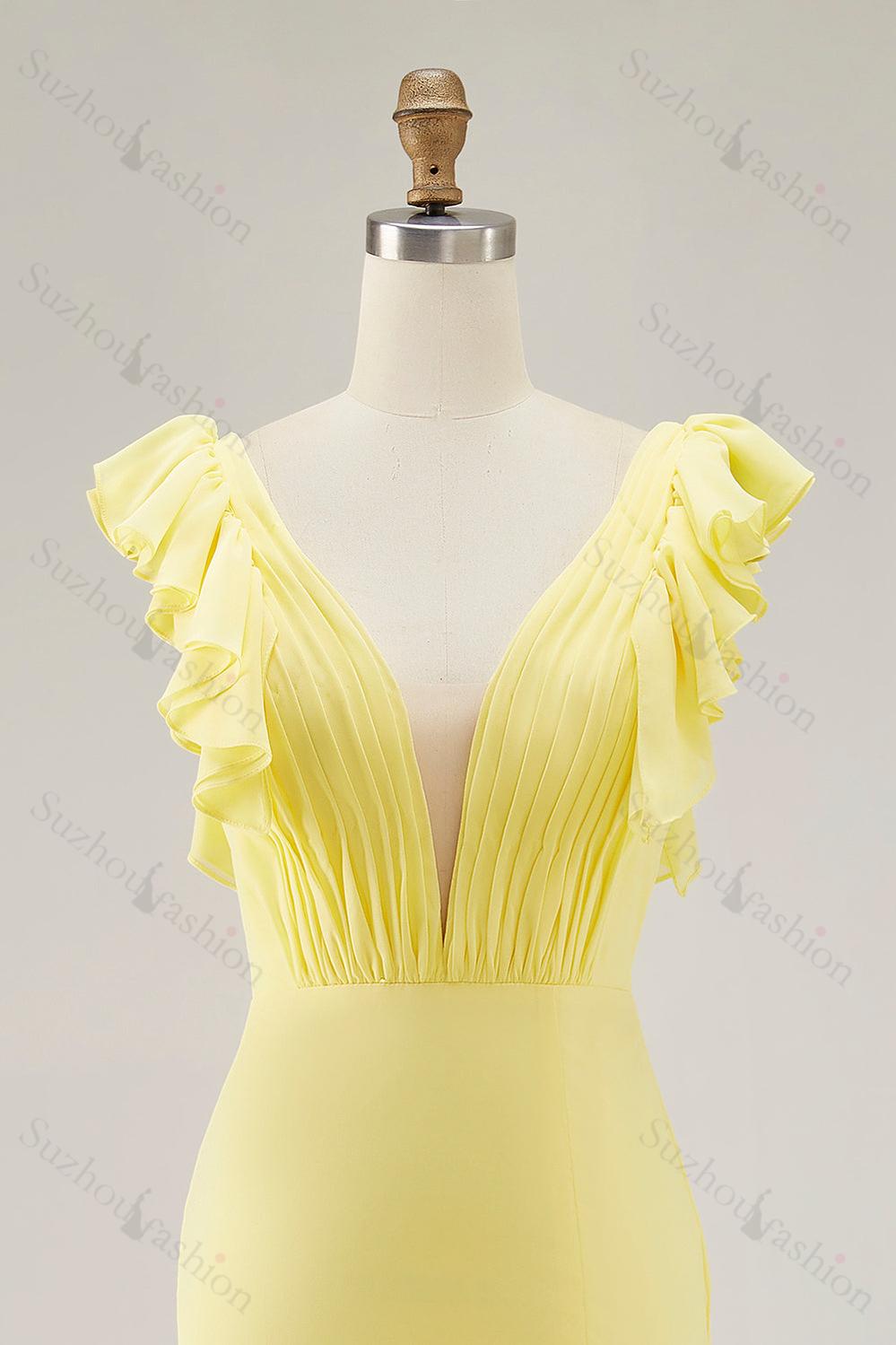 Yellow Prom Dress Chiffon V-Neck Long Mermaid Ruffles Formal Dress With Slit