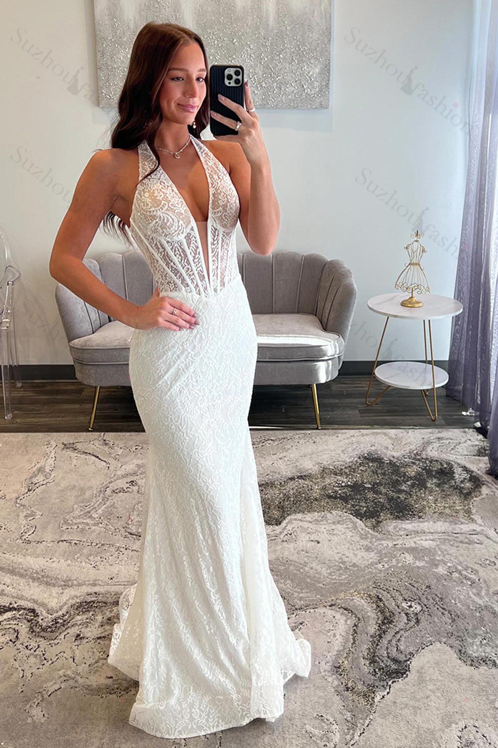 Yellow Prom Dress Lace Mermaid Halter Corset Long Formal Dress