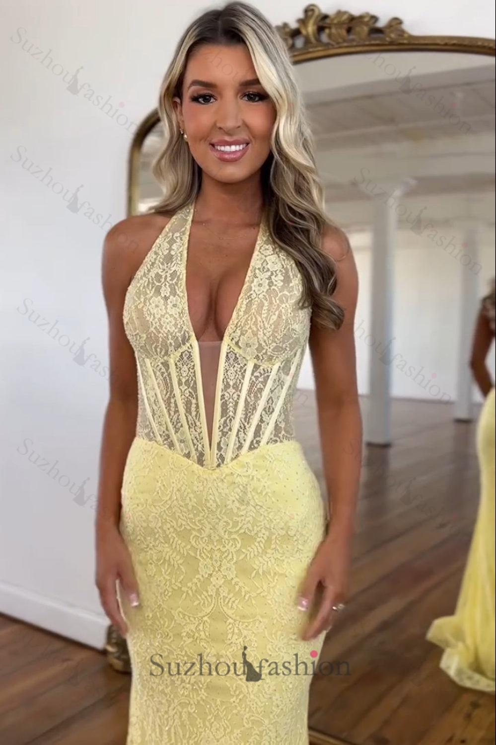 Yellow Prom Dress Lace Mermaid Halter Corset Long Formal Dress