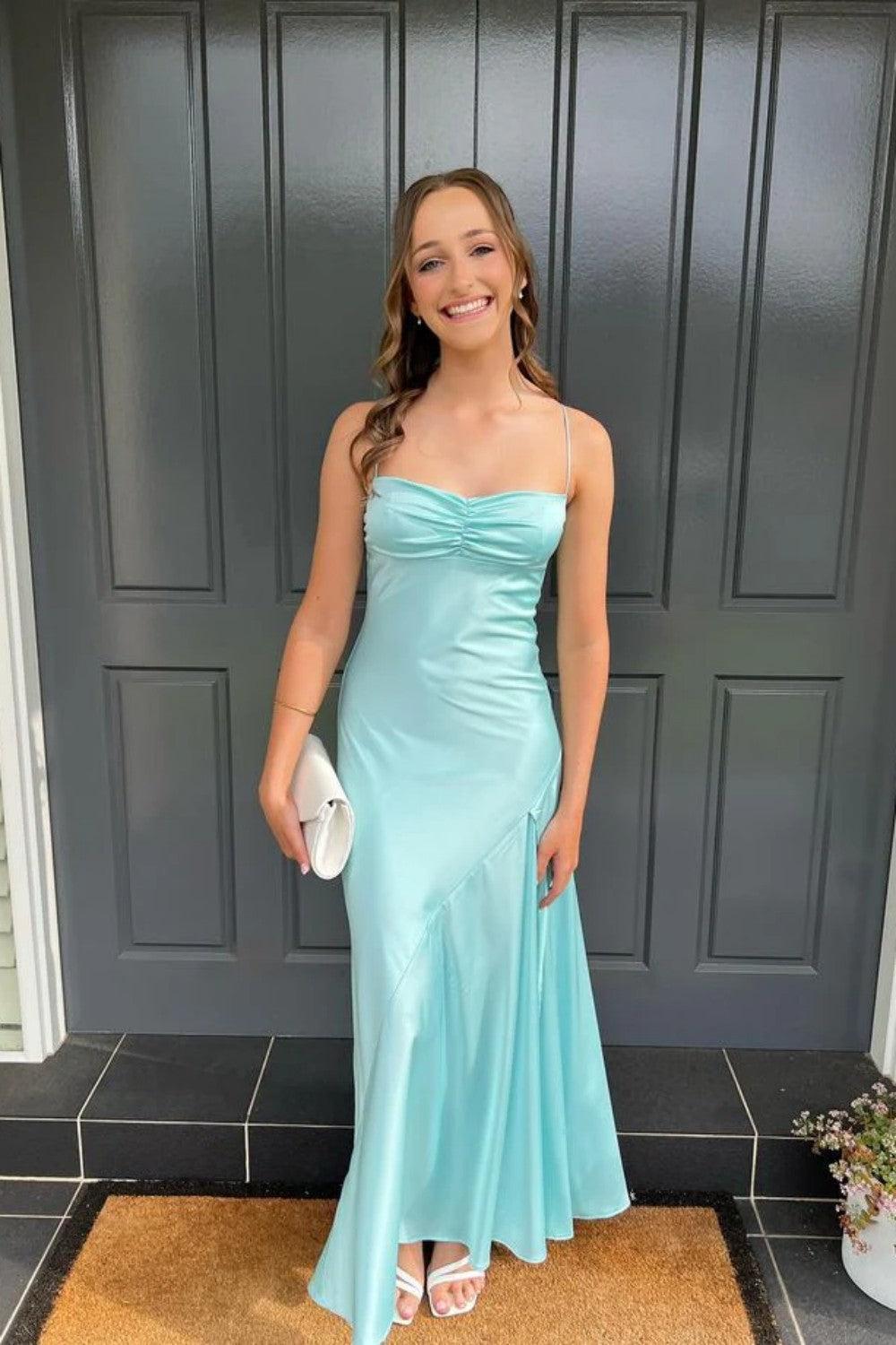 Suzhoufashion Yellow Satin Spaghetti Straps Long Ruched Prom Dress With Slit Formal Evening Gown