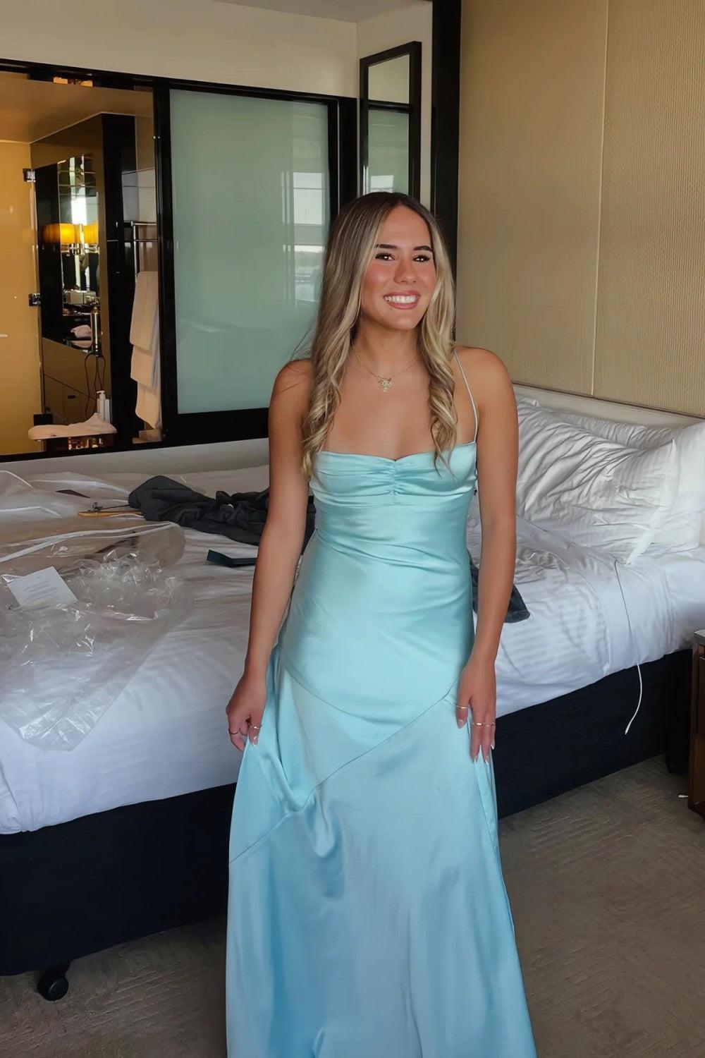 Suzhoufashion Yellow Satin Spaghetti Straps Long Ruched Prom Dress With Slit Formal Evening Gown