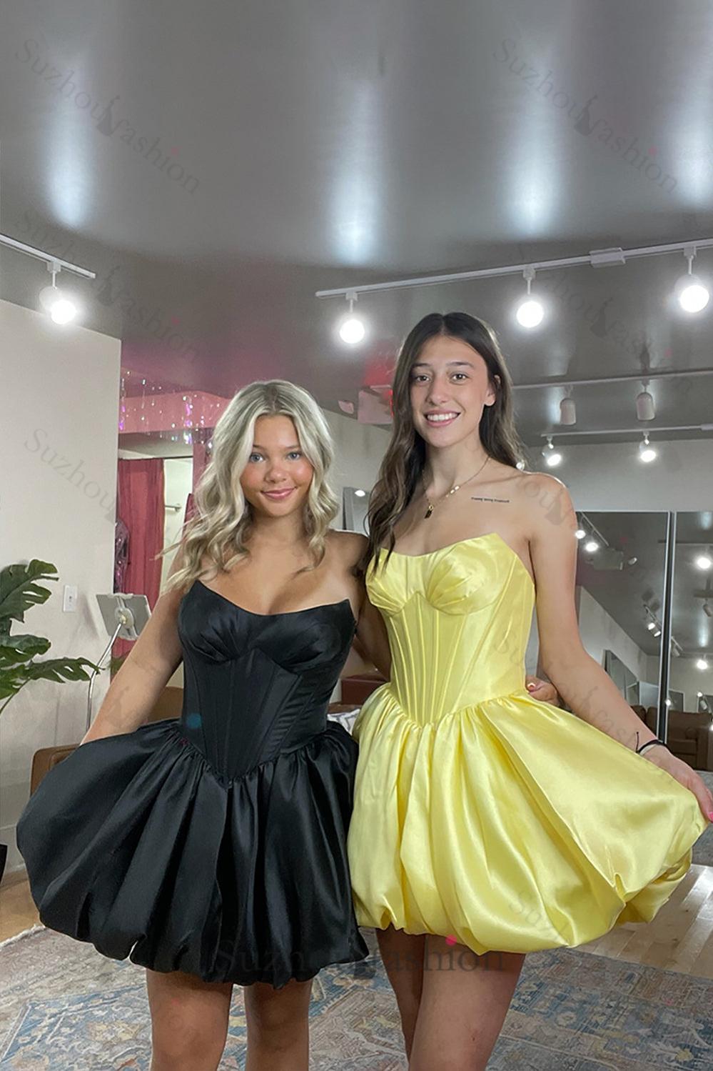 Yellow Satin Strapless A Line Homecoming Dresses Short Corset Cocktail Dresses