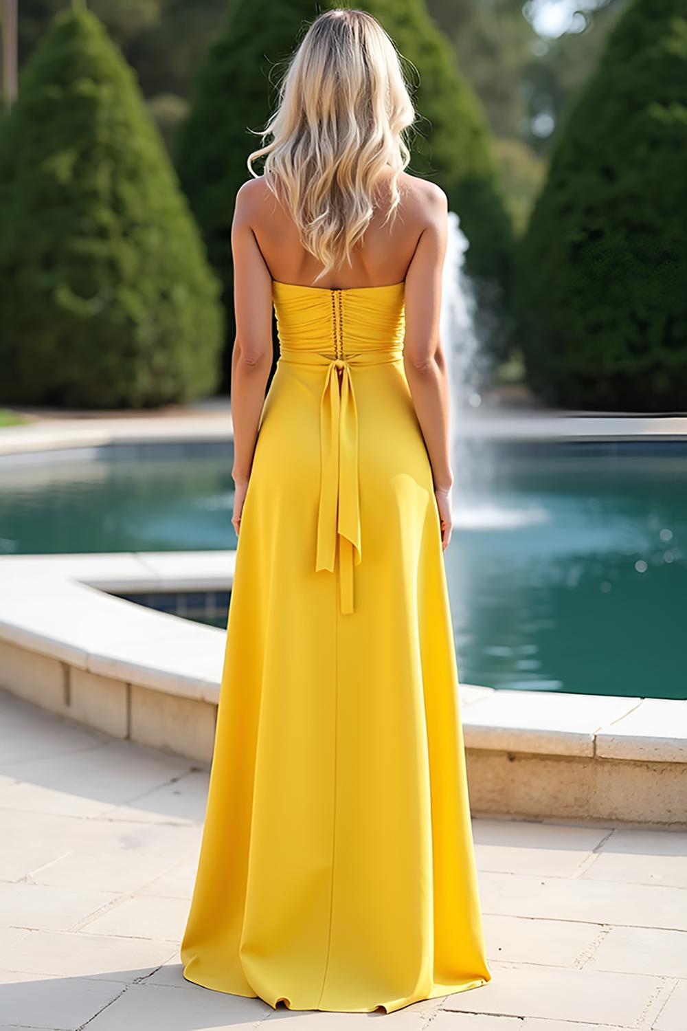 Yellow Sheath Long Sweetheart Formal Dress With Slit