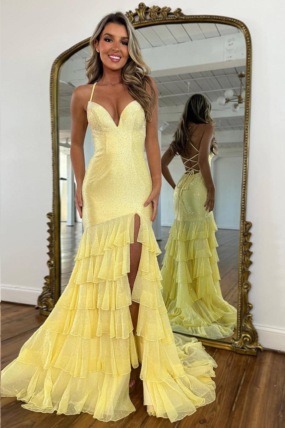 Suzhoufashion Yellow Sparkle Beaded Top Formal Dress With Side Slit And Corset Back Formal Evening Gown