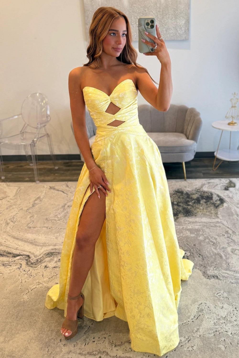 Yellow Sweetheart Jacquard Prom Dress With Front Cutout Detail Formal Evening Gown