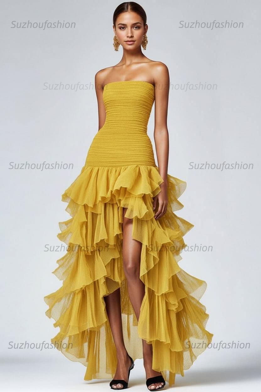 Black Wedding Guest Dress Strapless Tulle Long Ruffled Formal Dress With Slit