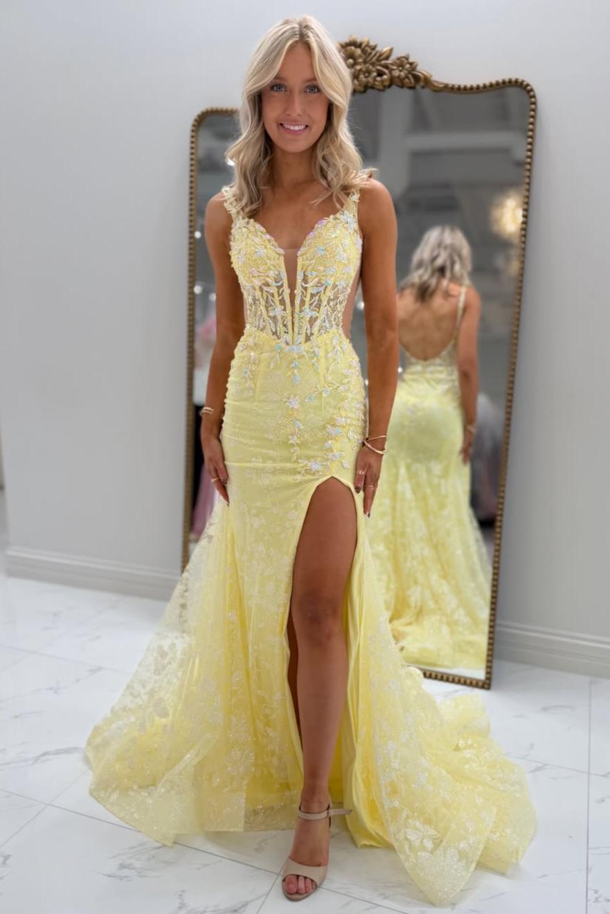 Gorgeous Mermaid Spaghetti Straps Yellow Lace Prom Dress with Appliques - VelvetHem