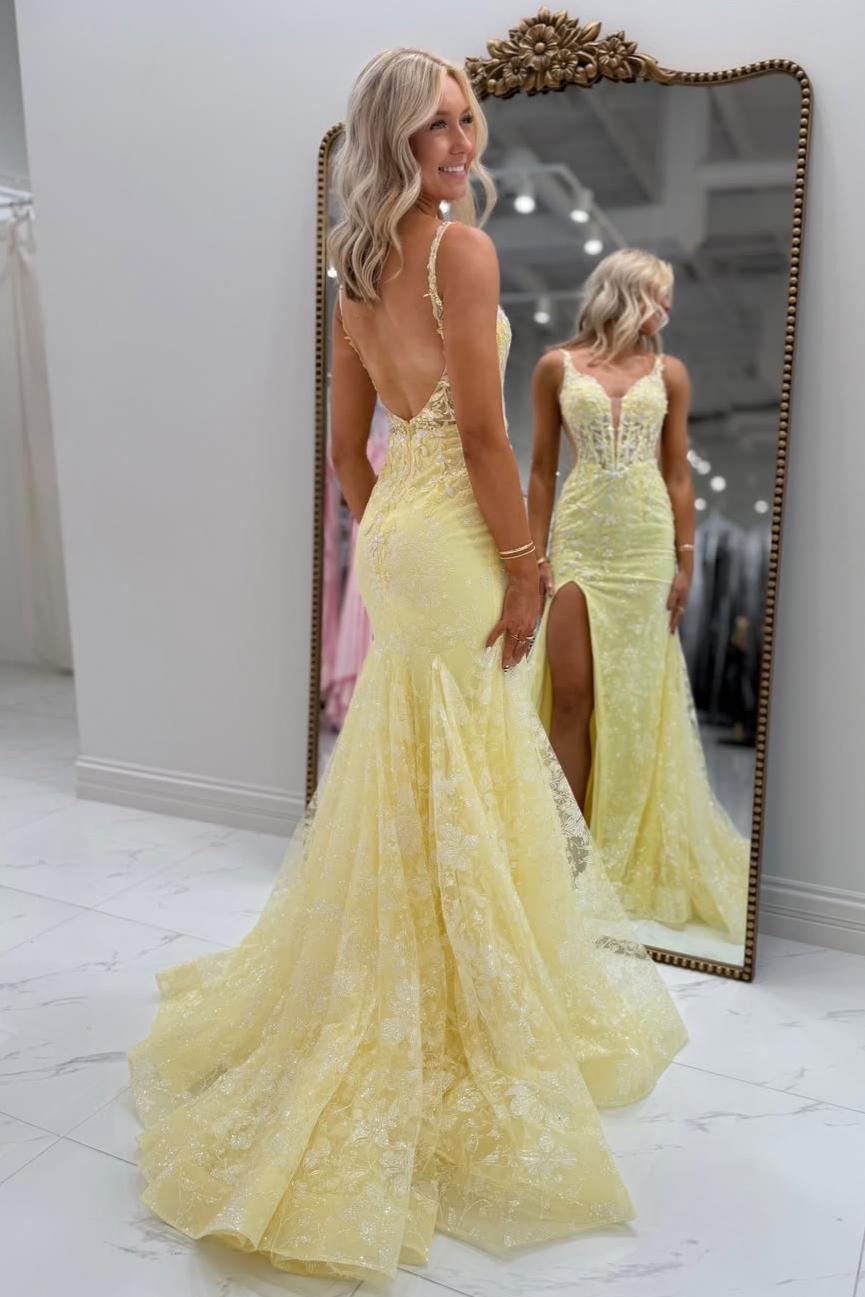 Gorgeous Mermaid Spaghetti Straps Yellow Lace Prom Dress with Appliques - View 2 | VelvetHem