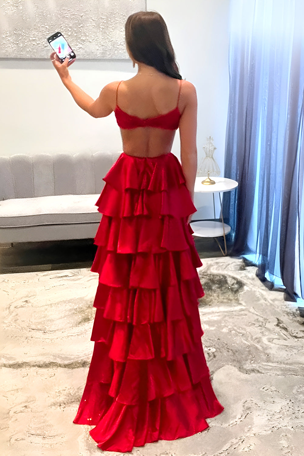 Red A-Line Spaghetti Straps Waist Hollow Long Tiered Satin Prom Dress - View 2 | VelvetHem