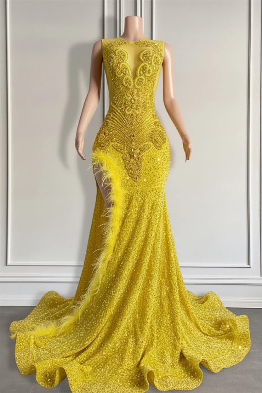 Mermaid Prom Dress Orange Split Sequin Formal Dress with Beadings and Feathers