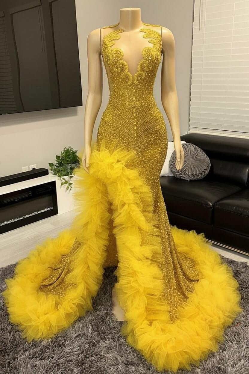 V-neck Prom Dress Orange Beaded Tulle Ruffles Sequin Formal Evening Party Dress