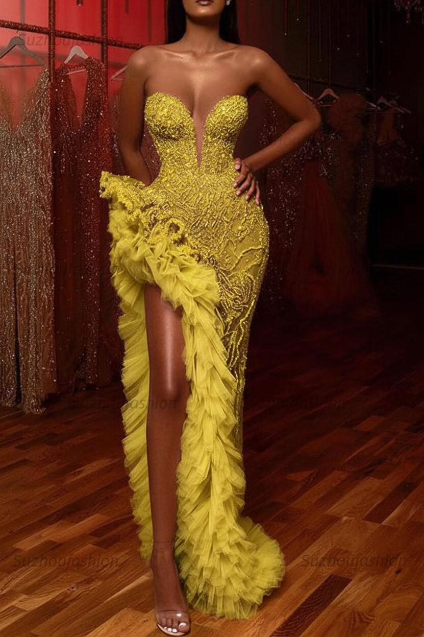 Gorgeous Mermaid Prom Dress Beading Sleeveless Long Split Evening Dress With Ruffles