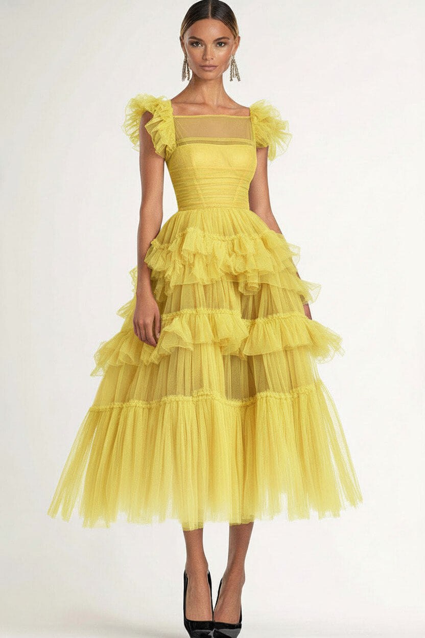 Tea Length Black Wedding Guest Dress A-Line Flatter Sleeves Tulle Formal Dress With Ruffles