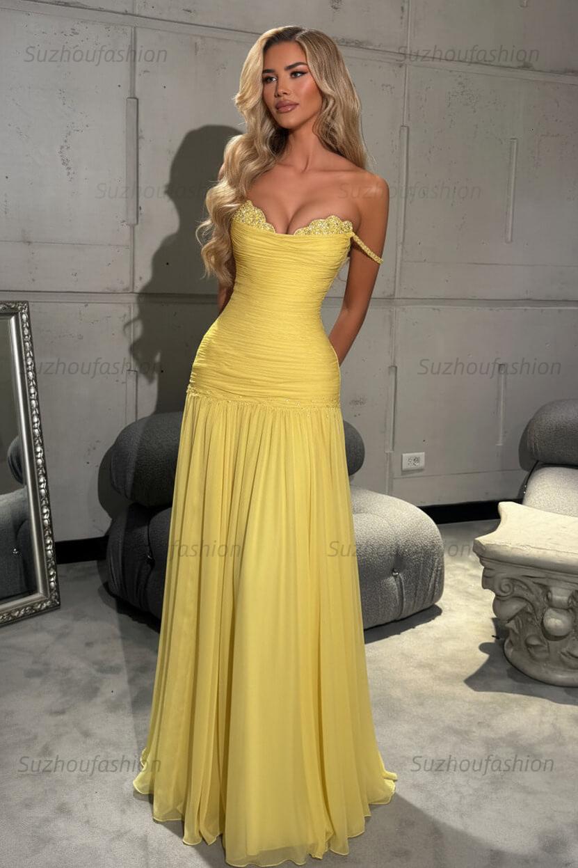 Off The Shoulder Prom Dress Sleeveless Pleated A Line Formal Evening Gown