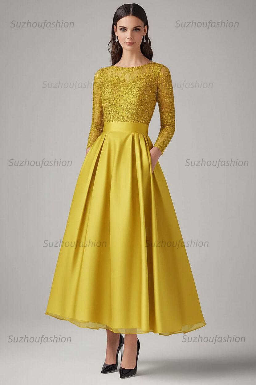 Navy Wedding Guest Dress Beaded A Line Long Sleeves Formal Dress With Lace