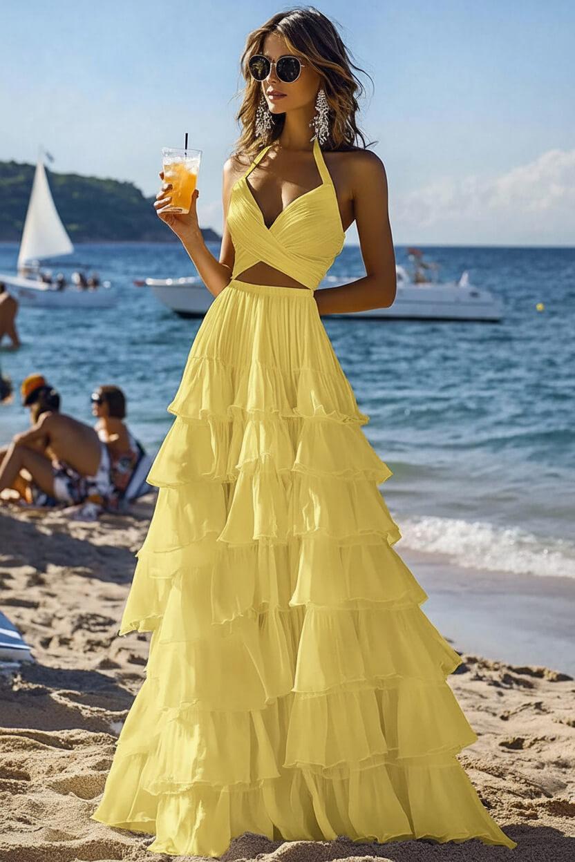 Halter Tiered White 2 Piece Ruffled Formal Dress
