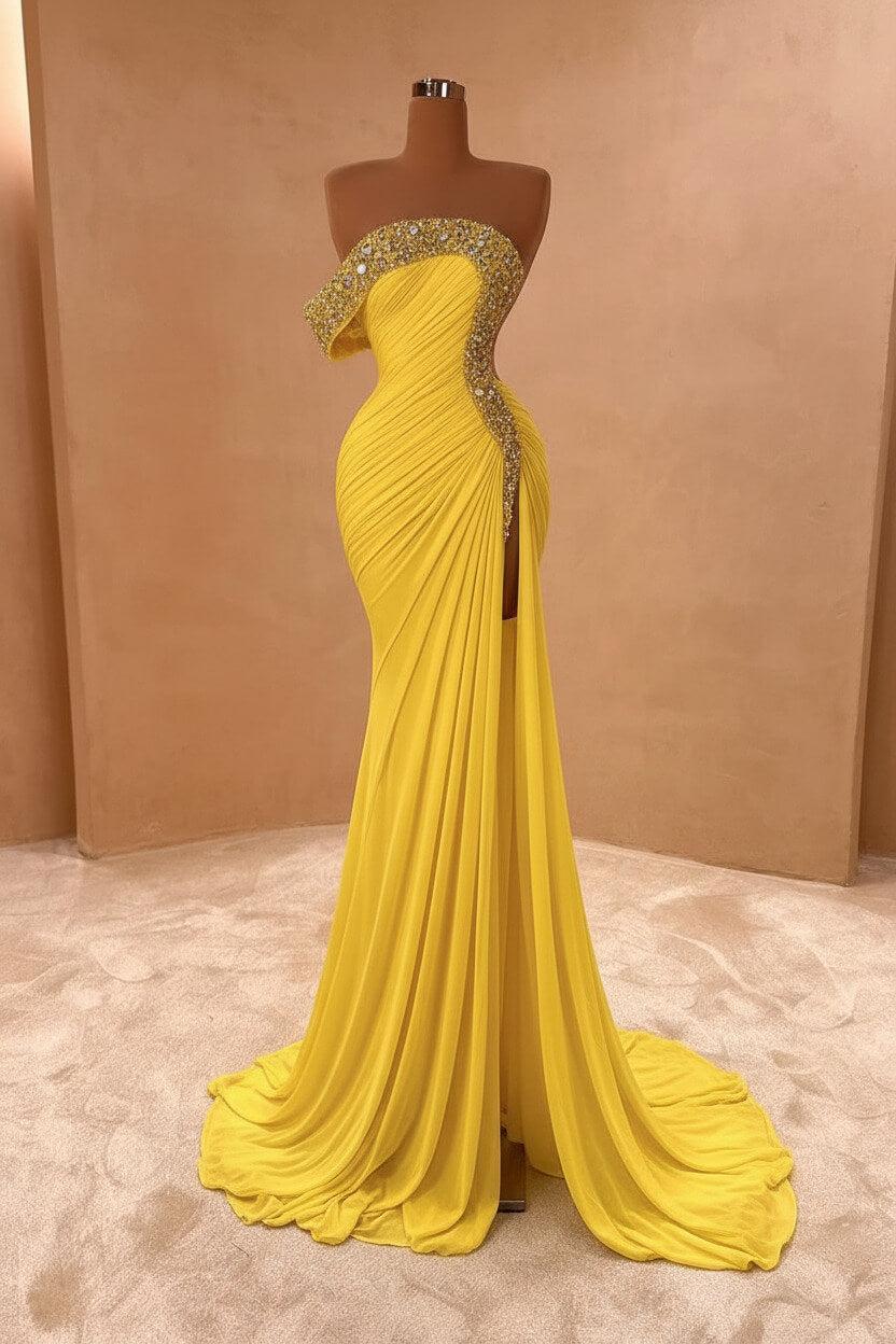 One Shoulder Sleeveless Long Split Evening Formal Dress With Pleated Sequined