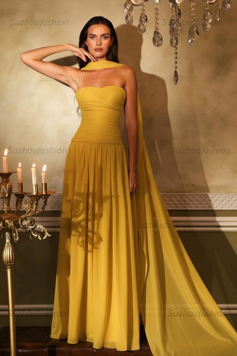 Chiffon Strapless Sleeveless Long Evening Formal Dress With Ruffled Pleated