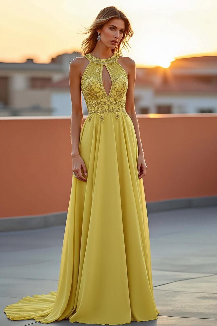 Beaded Navy Wedding Guest Dress Halter Long Formal Dress With Embroideries