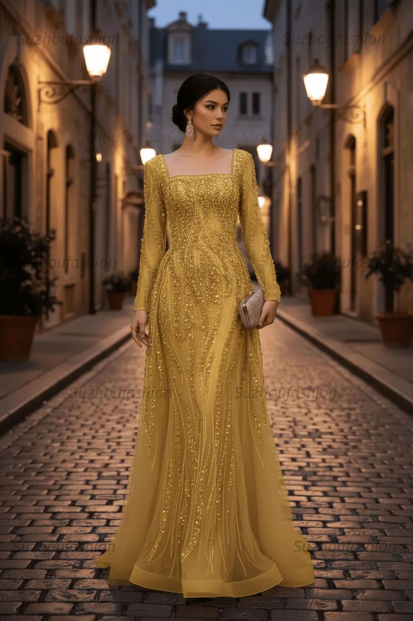Square Neck Long Sleeves Long Mermaid Evening Formal Dress With Beading Tulle