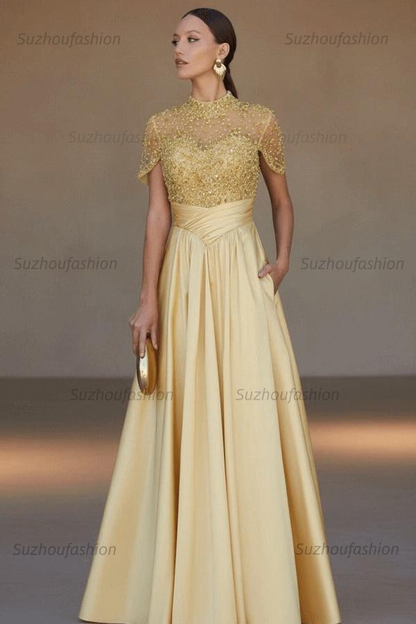 High Neck Short Sleeves Long Evening Formal Dress With Beading Pockets