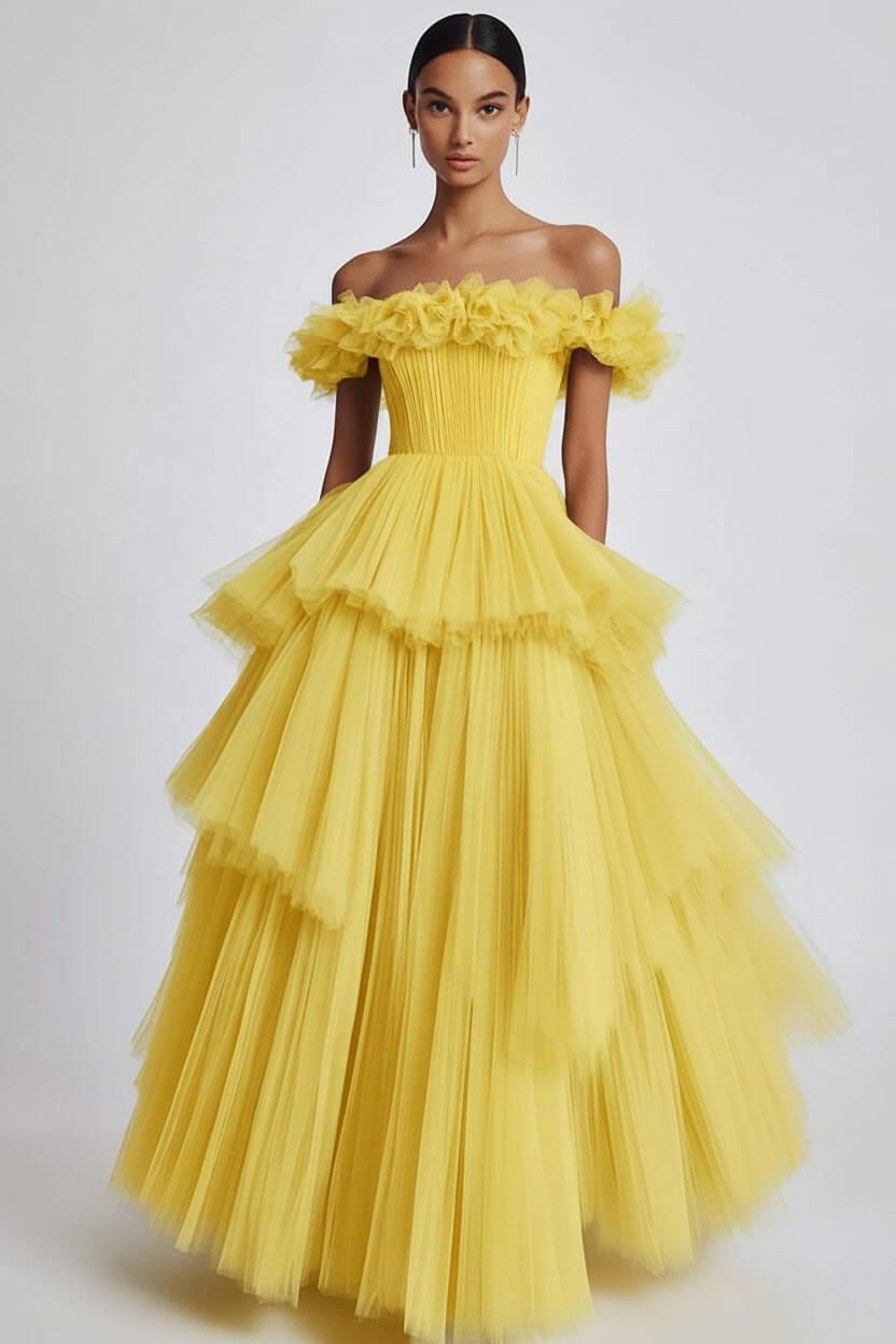 Dusty Sage Prom Dress Tulle Off The Shoulder Ball Gown Formal Dress With Ruffles