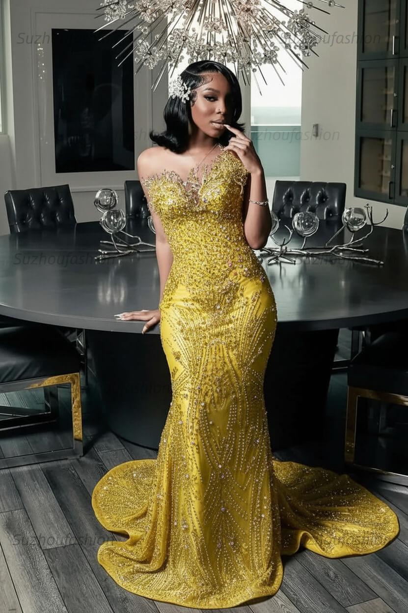 Green Mermaid Prom Dress Sleeveless Formal Evening Dress with Beadings and Rhinestones