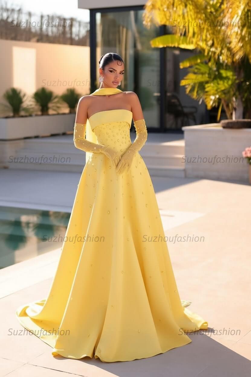 Strapless Formal Dress Light Blue Beaded A Line Prom Evening Dress