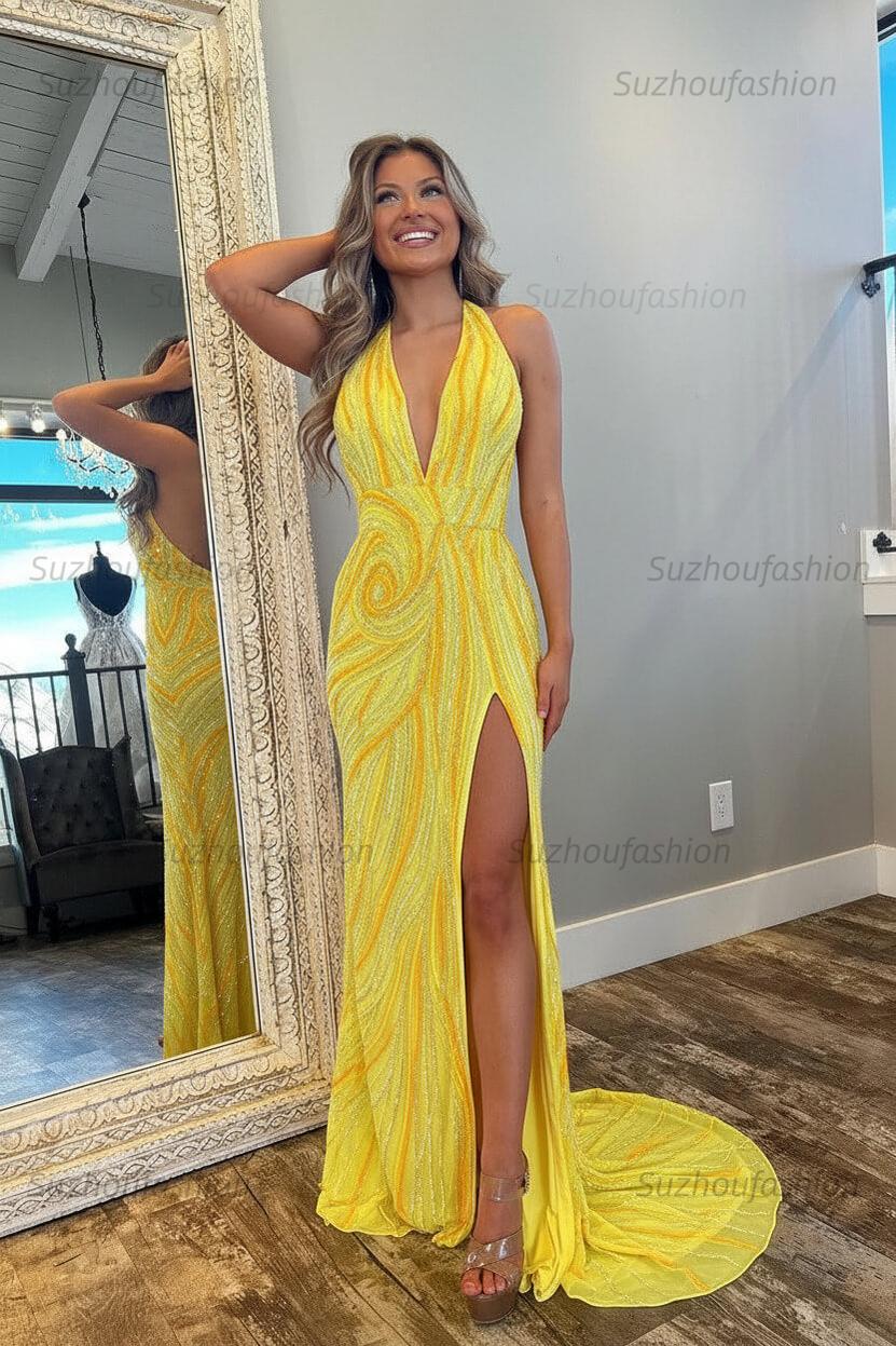 Halter Prom Dress Pink and Orange Mermaid Evening Dress with Slit