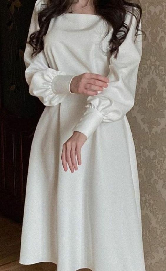 Modest White A-line Long Sleeves Prom Dress - VelvetHem