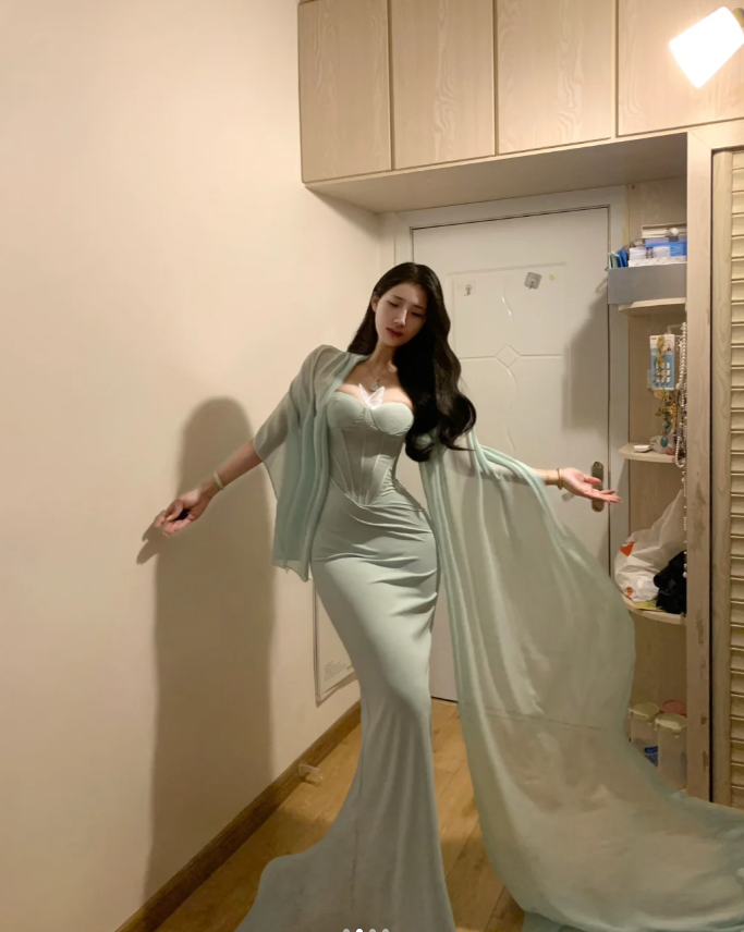 Classy Strapless Light Green Satin Mermaid Party Dress Long Evening Gown - View 4 | VelvetHem