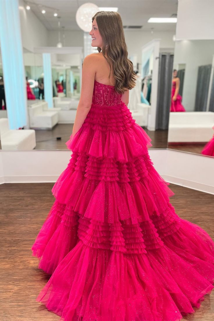Fuchsia Multi-Layers Strapless Appliques A-line Tulle Long Prom Dress - View 3 | VelvetHem